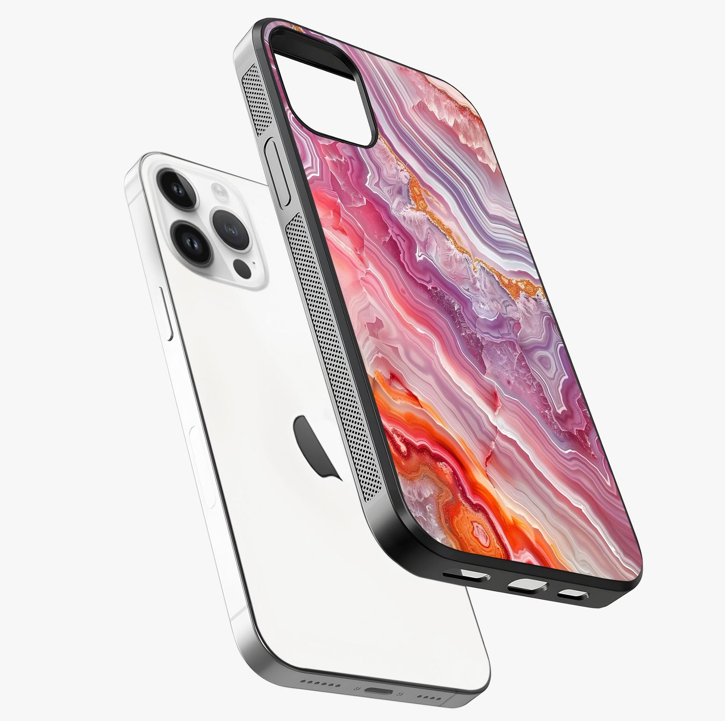Rose Quartz Marble Glass Case laid diagonally highlighting side profile, edges and glossy glass shine.