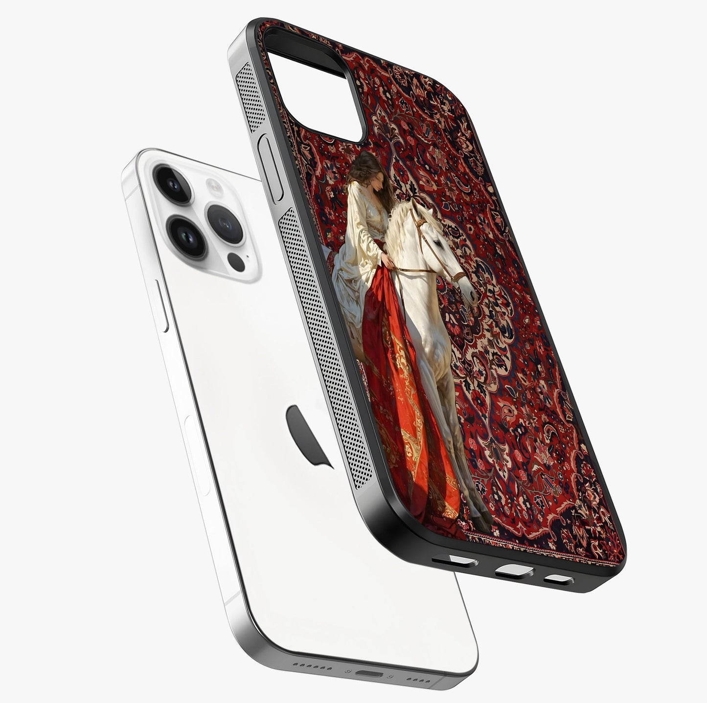 Royal Rider Tapestry Glass Case laid diagonally highlighting side profile, edges and glossy glass shine.