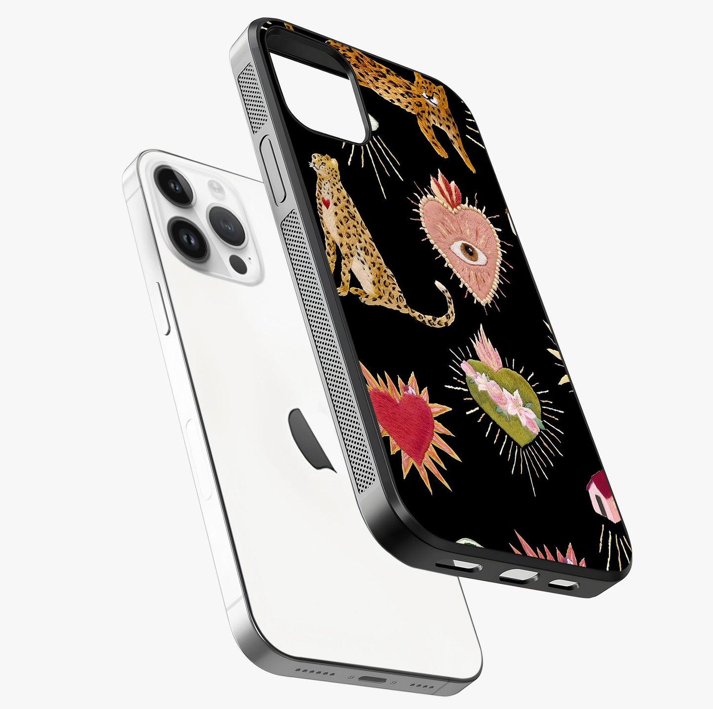 Sacred Jungle Heart Glass Case laid diagonally highlighting side profile, edges and glossy glass shine.