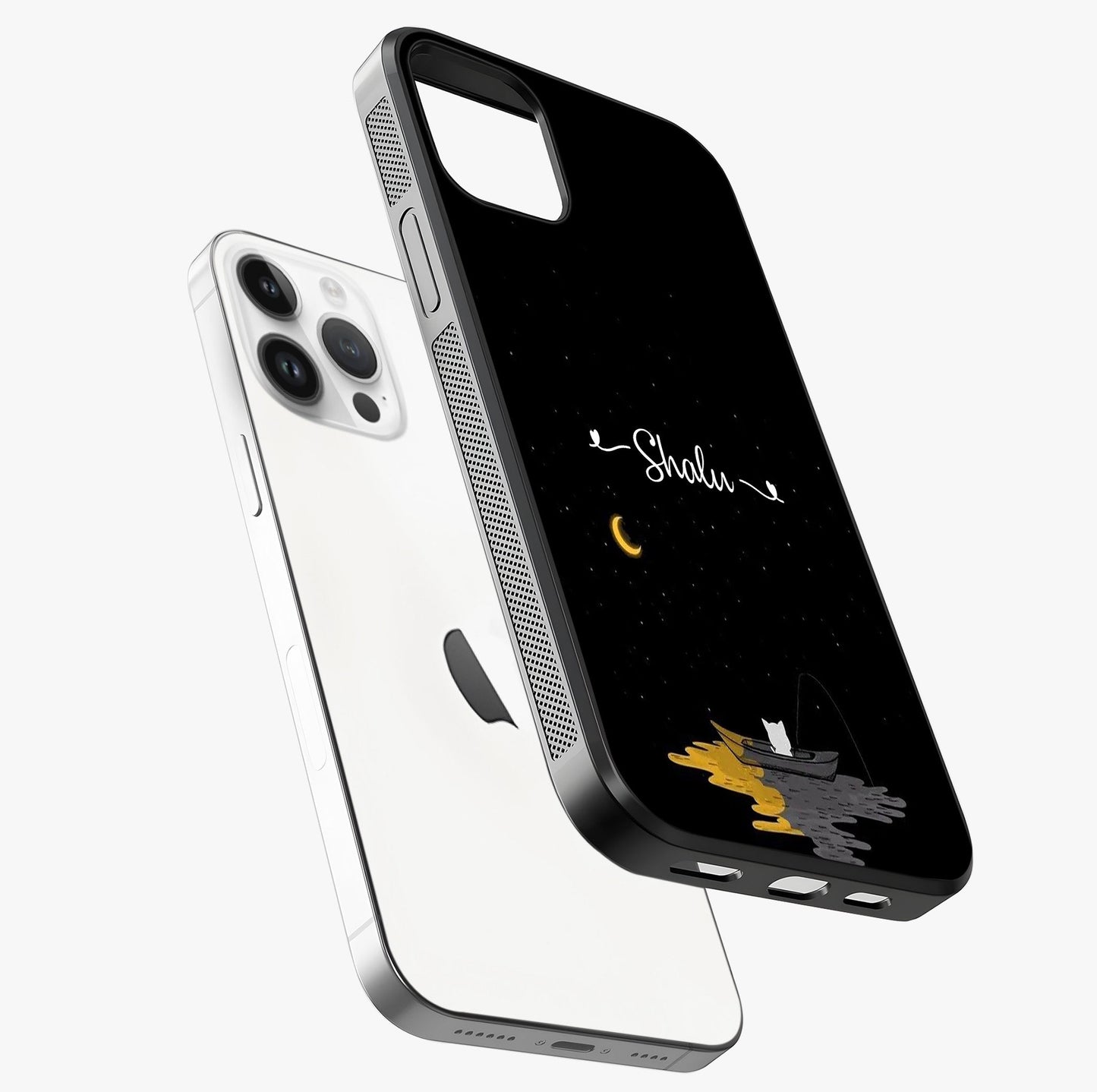 Silent Night Row Glass Case laid diagonally highlighting side profile, edges and glossy glass shine.