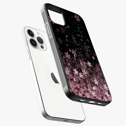 Small Starry Flowers Glass Case laid diagonally highlighting side profile, edges and glossy glass shine.