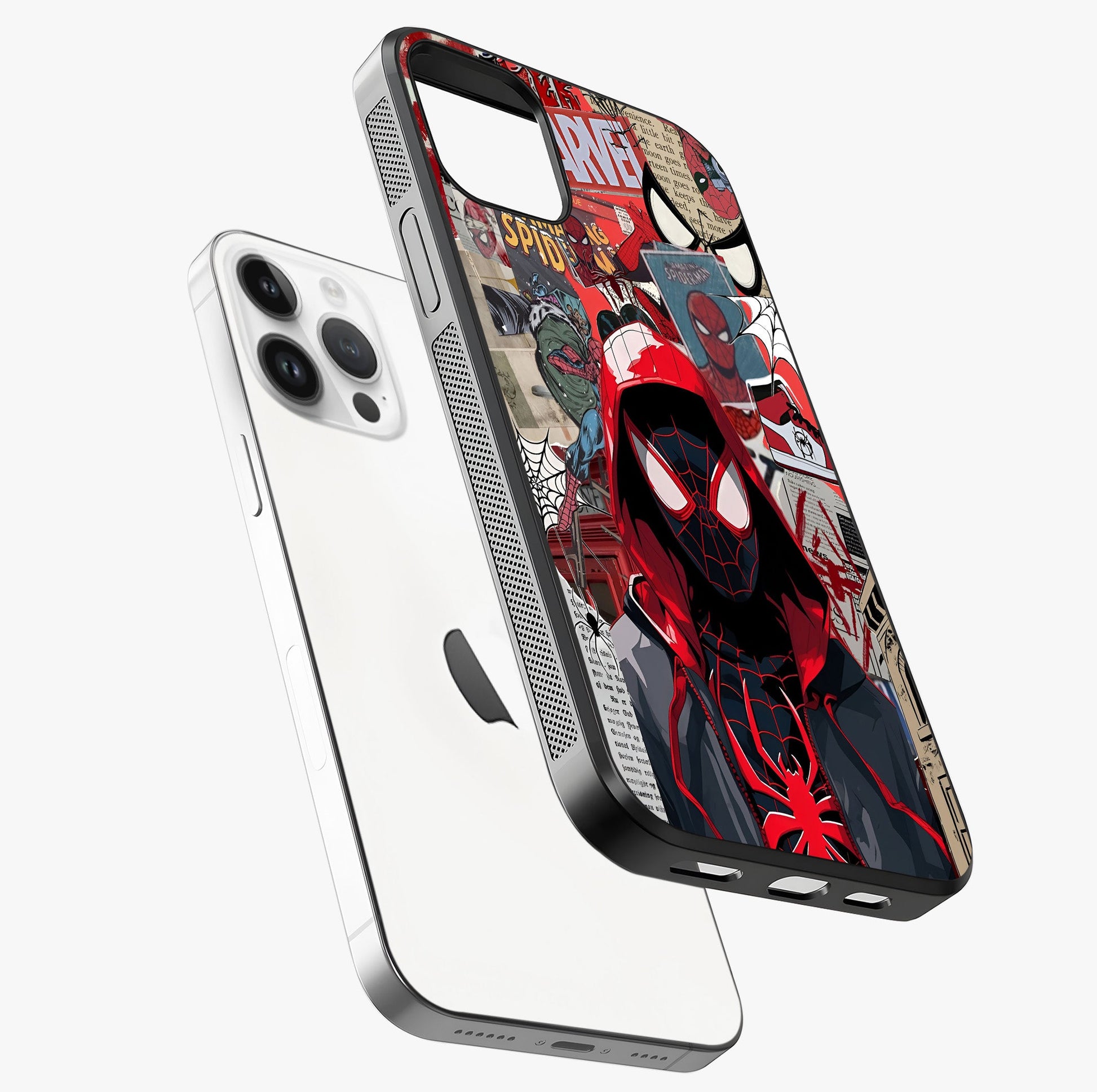Spider Collage Street Glass Case laid diagonally highlighting side profile, edges and glossy glass shine.