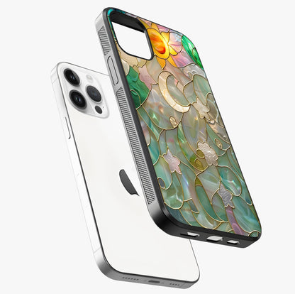 Stained Sunrise Glow Glass Case laid diagonally highlighting side profile, edges and glossy glass shine.