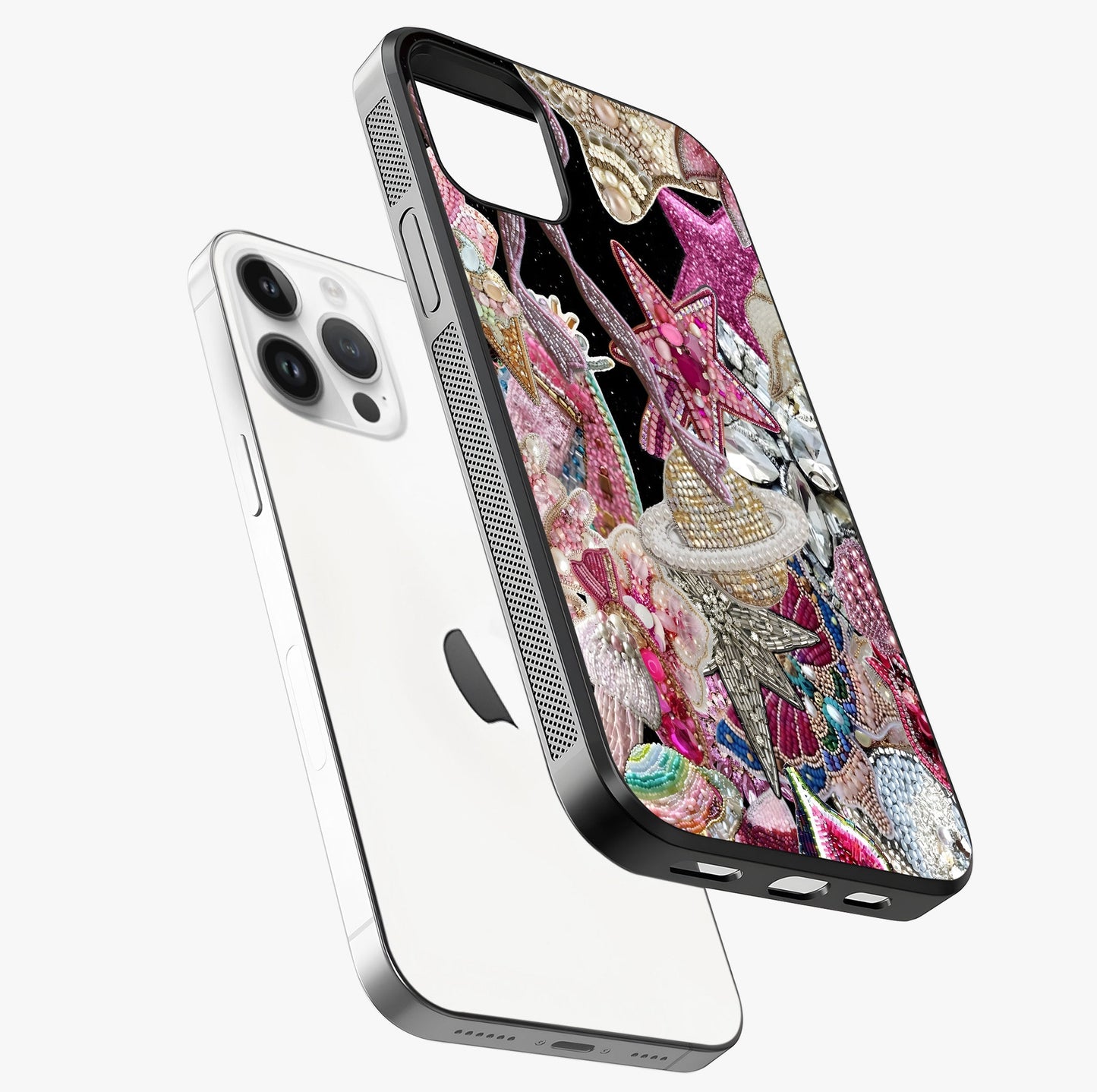 Starlit Jewel Dream Glass Case laid diagonally highlighting side profile, edges and glossy glass shine.