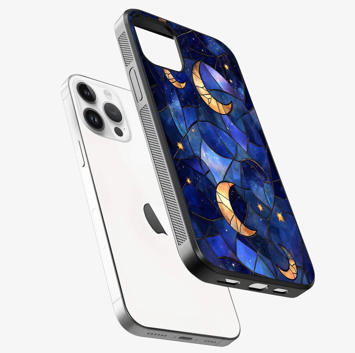 Starlit Sky Tapestry Glass Case laid diagonally highlighting side profile, edges and glossy glass shine.