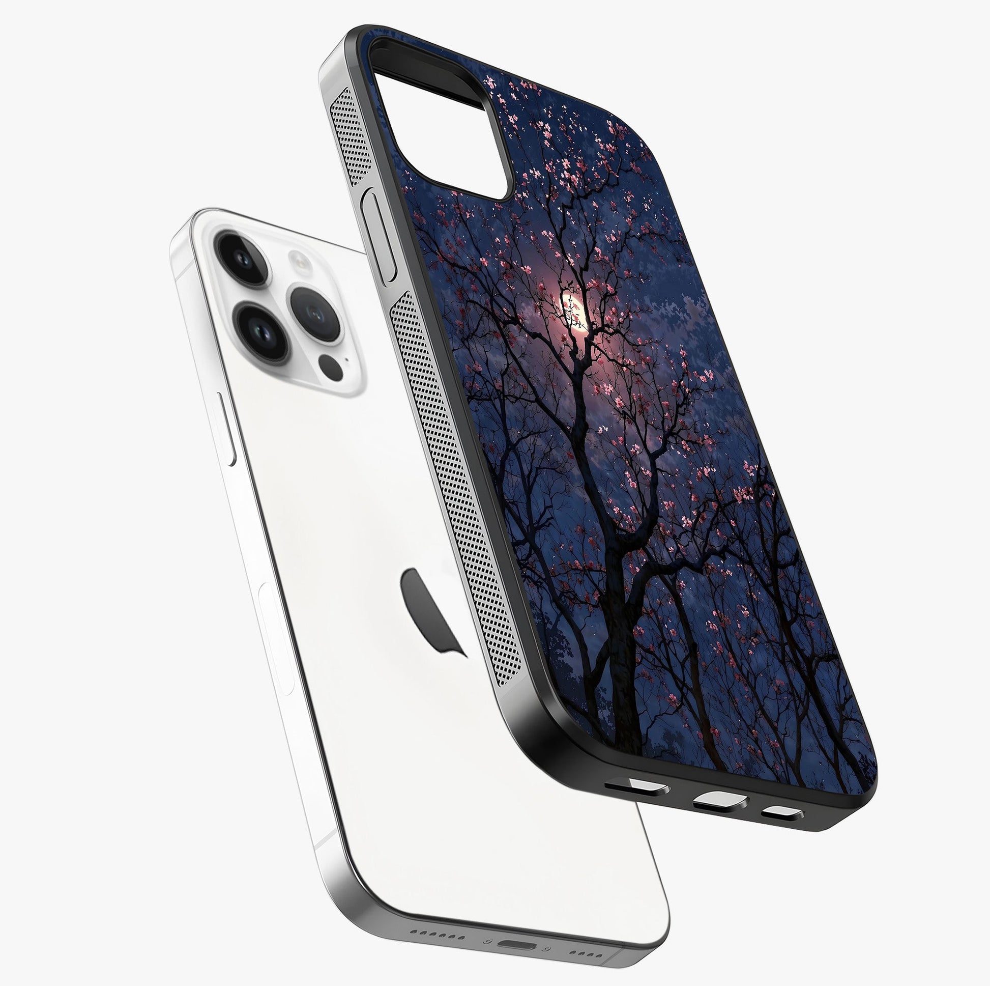 Twilight Sakura Serenade Glass Case laid diagonally highlighting side profile, edges and glossy glass shine.