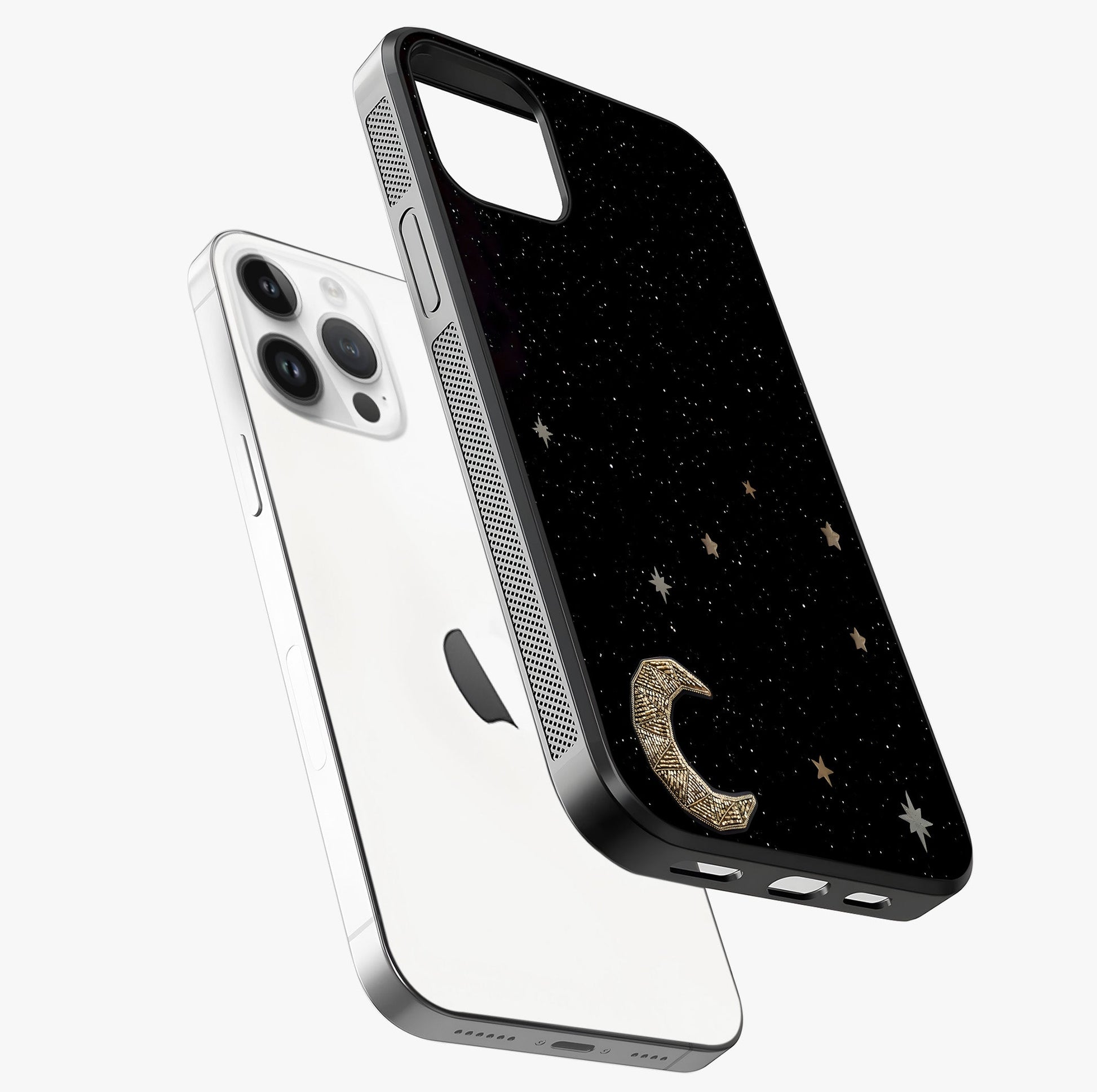 Twinkle Star With Half Moon Glass Case laid diagonally highlighting side profile, edges and glossy glass shine.