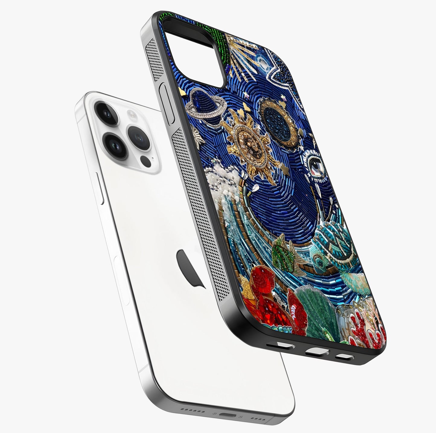 Universe Underwater Spark Glass Case laid diagonally highlighting side profile, edges and glossy glass shine.