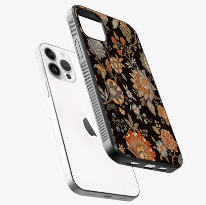 Vintage Floral Dream Glass Case laid diagonally highlighting side profile, edges and glossy glass shine.