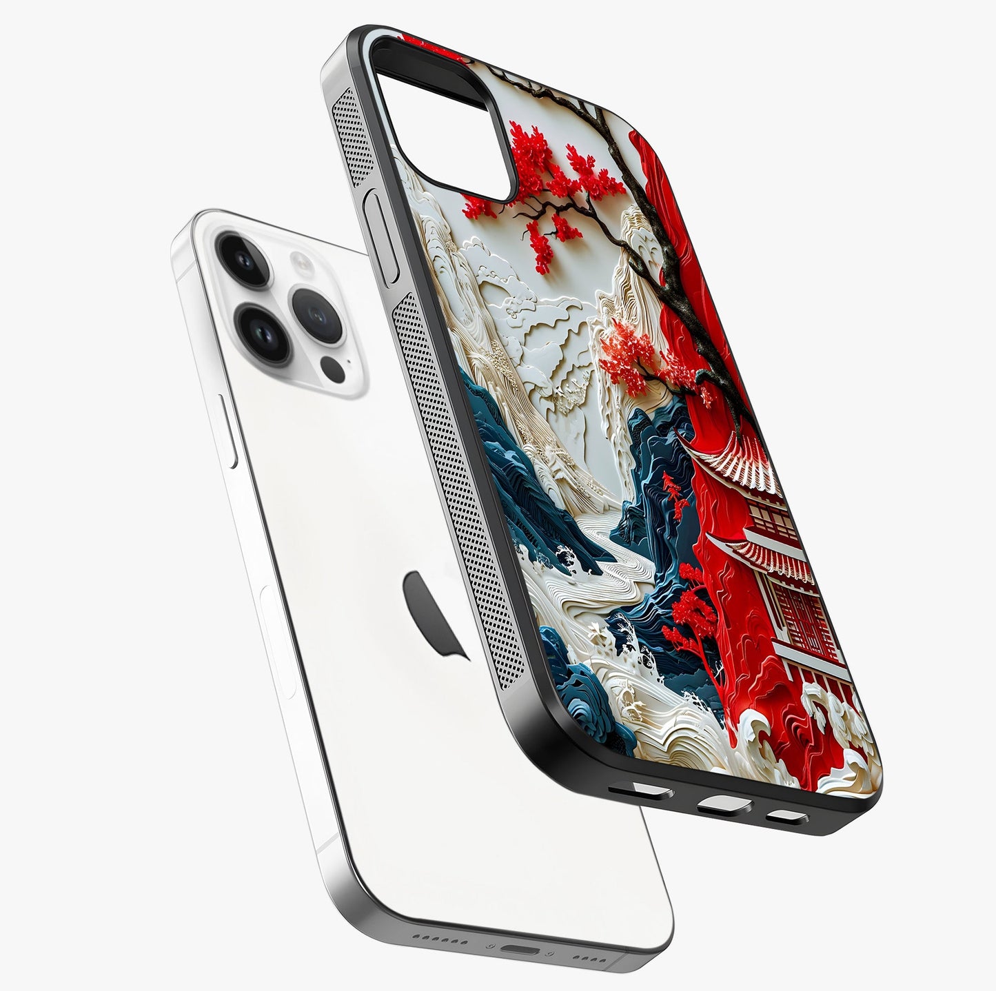Whispers Of Sakura Waves Glass Case laid diagonally highlighting side profile, edges and glossy glass shine.