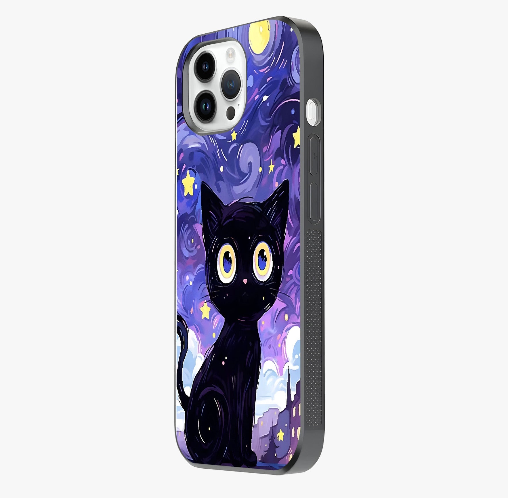 Abstract Cat Art Glass Case photographed in natural light showing reflective finish and design depth.
