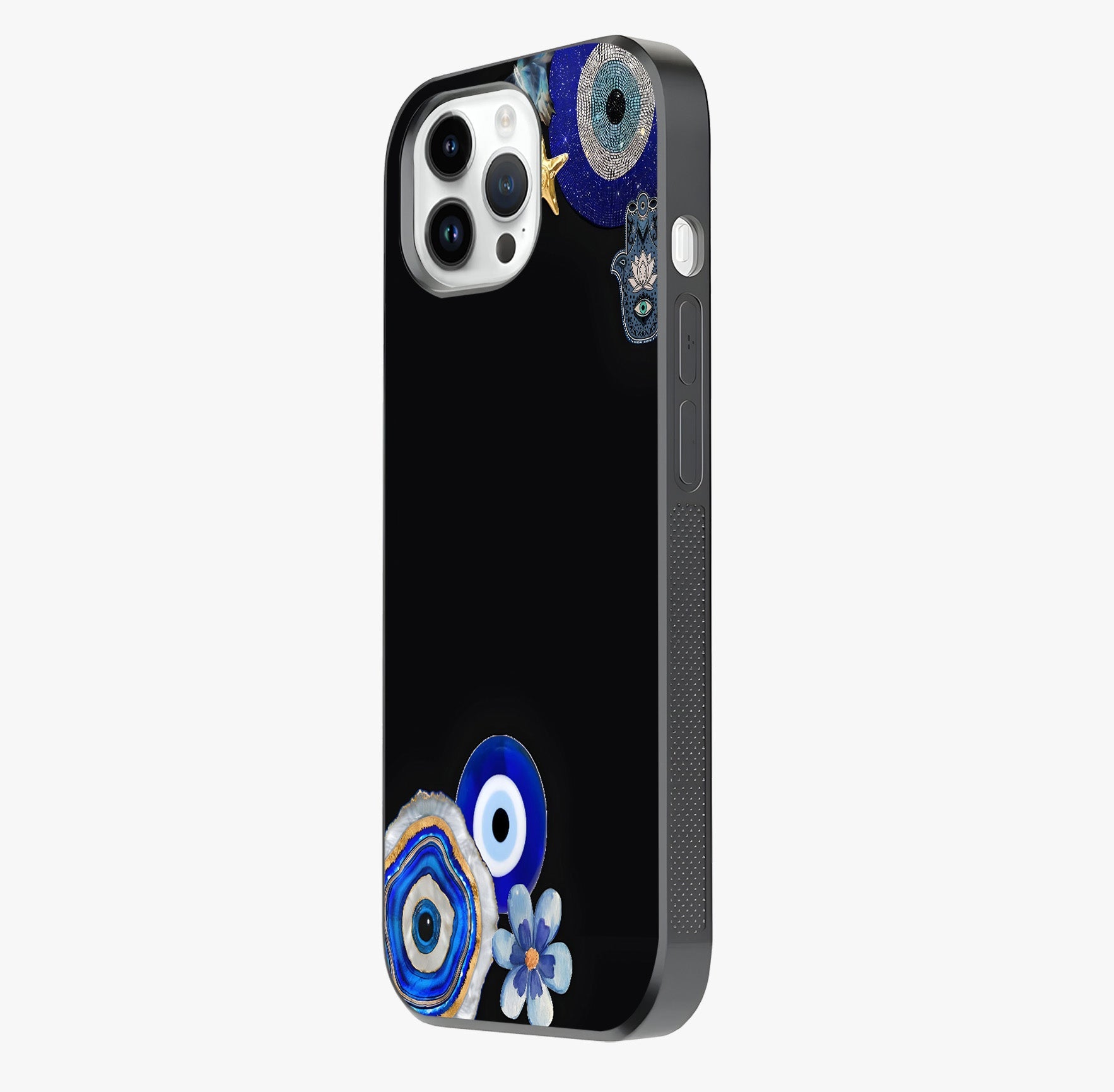 Aesthetic Blue Evil Eye Glass Case photographed in natural light showing reflective finish and design depth.
