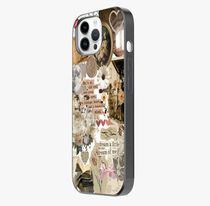 Aesthetic Brown Vintage Collage Glass Case photographed in natural light showing reflective finish and design depth.