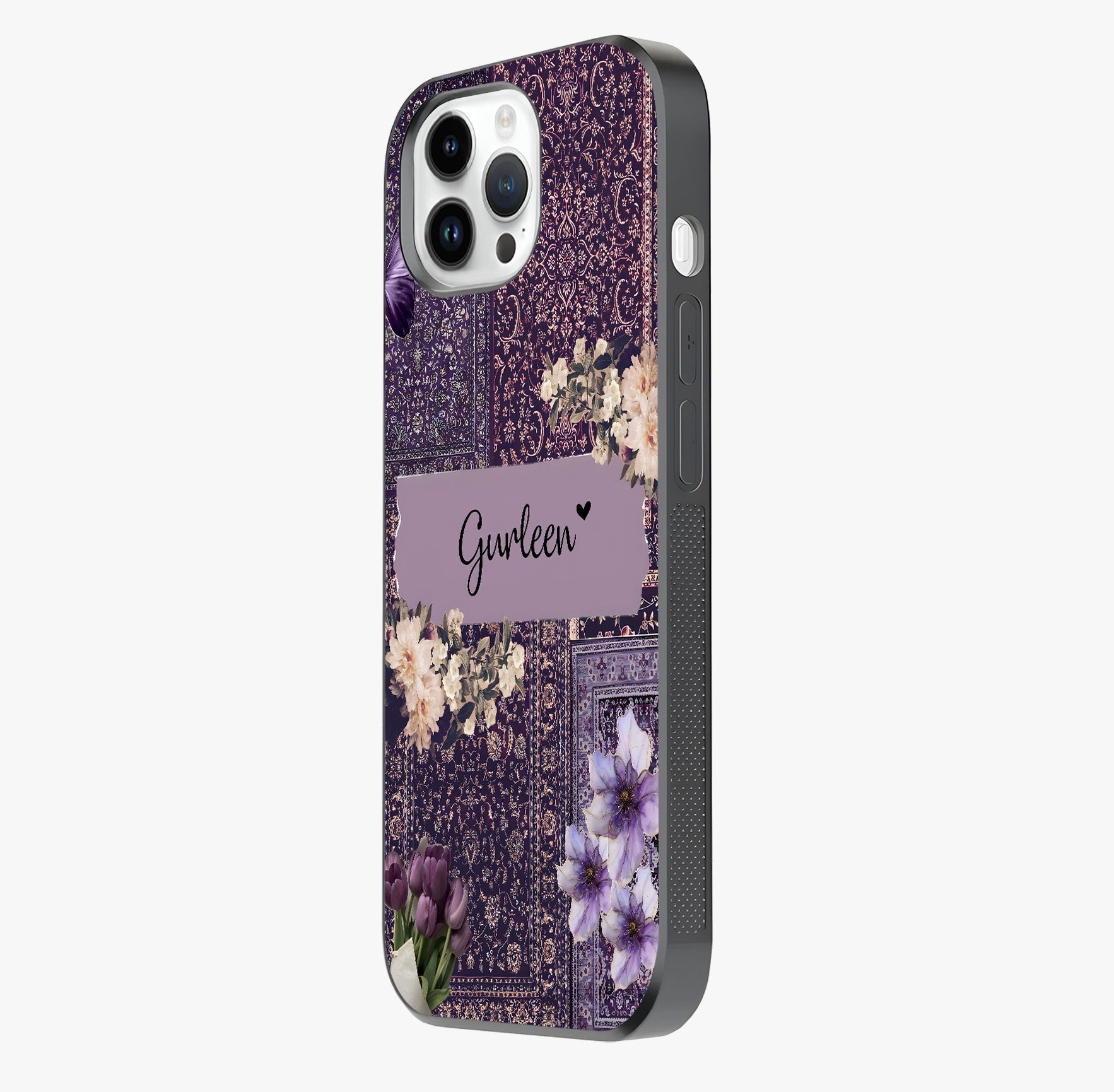 Antique Floral Whisper Custom Name Glass Case photographed in natural light showing reflective finish and design depth.
