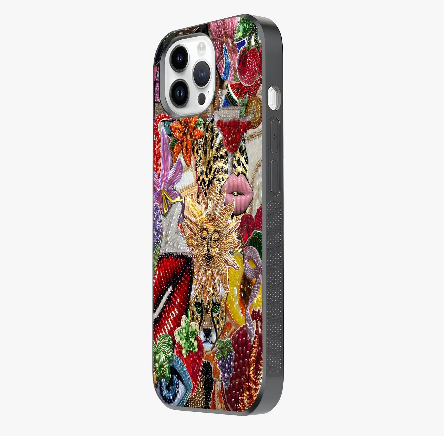 Beaded Fashion Jungle Glass Case photographed in natural light showing reflective finish and design depth.