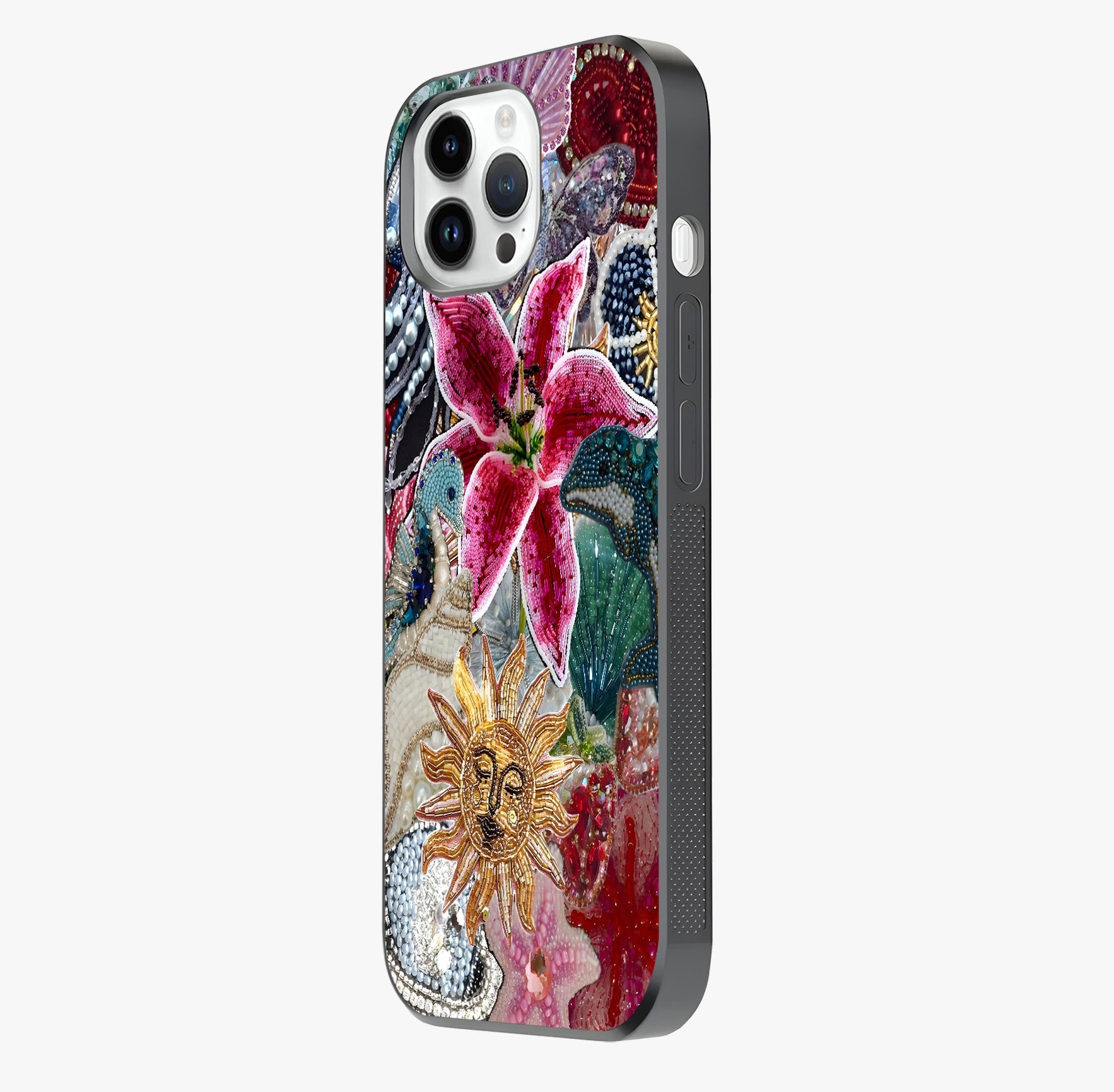 Beaded Garden Fantasy Glass Case photographed in natural light showing reflective finish and design depth.