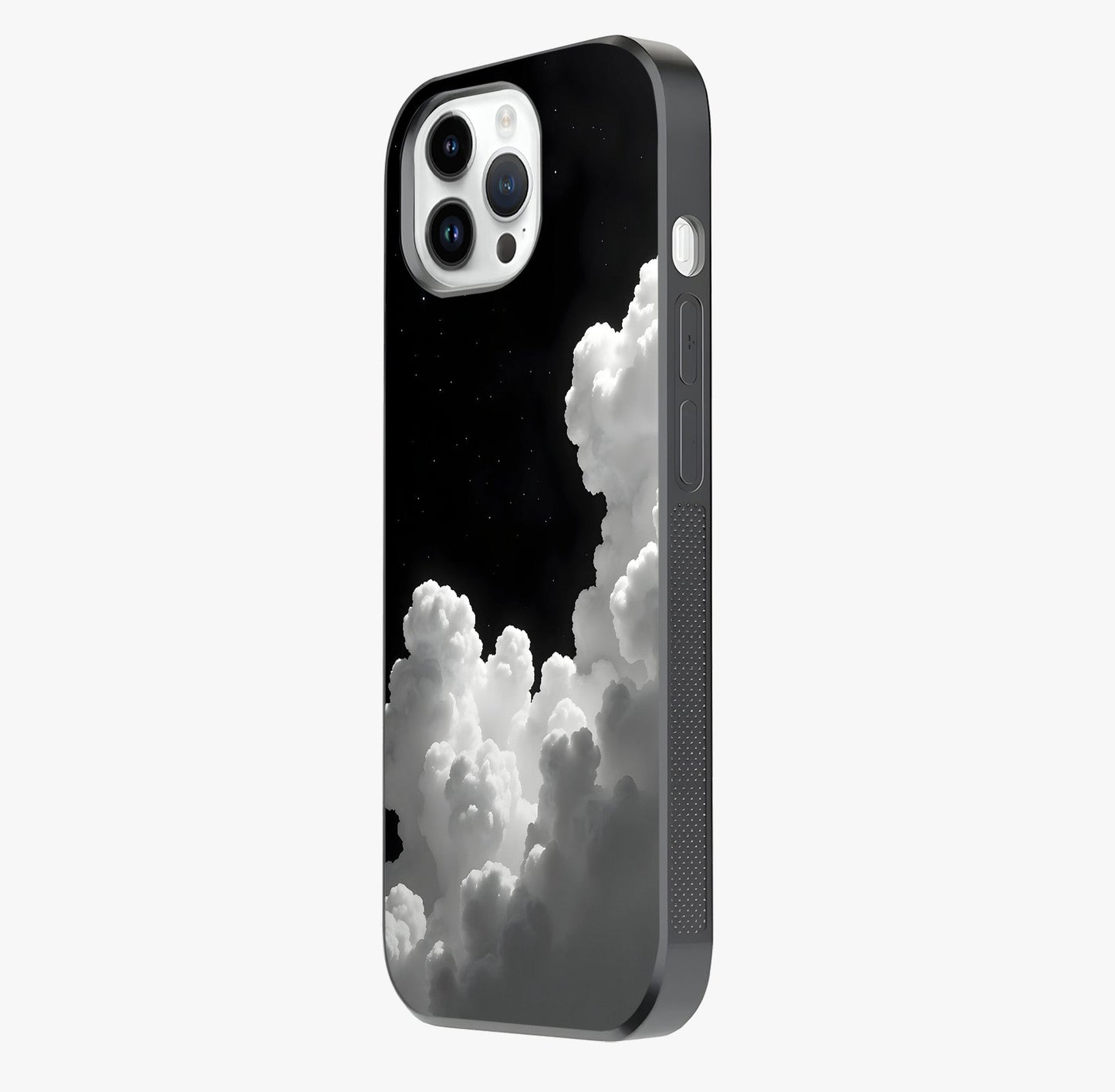 Black Background With White Cloud Glass Case photographed in natural light showing reflective finish and design depth.
