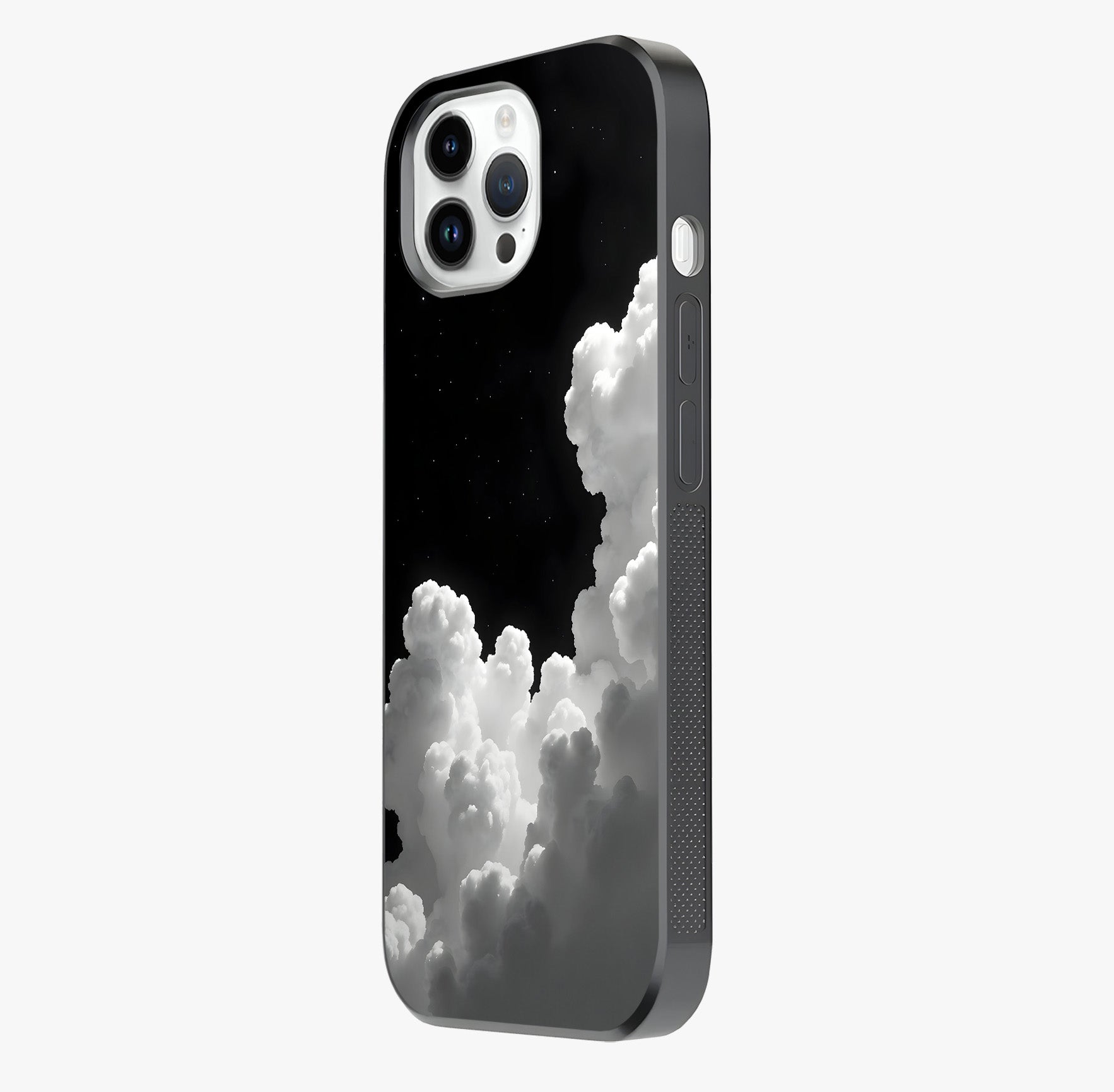 Black Background With White Cloud Glass Case photographed in natural light showing reflective finish and design depth.