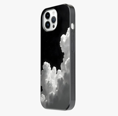 Black Background With White Cloud Glass Case photographed in natural light showing reflective finish and design depth.
