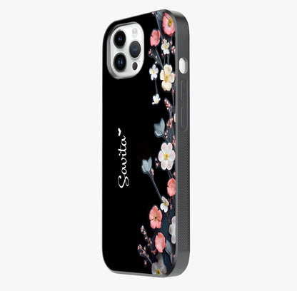 Black Elegance Floral Custom Name Glass Case photographed in natural light showing reflective finish and design depth.