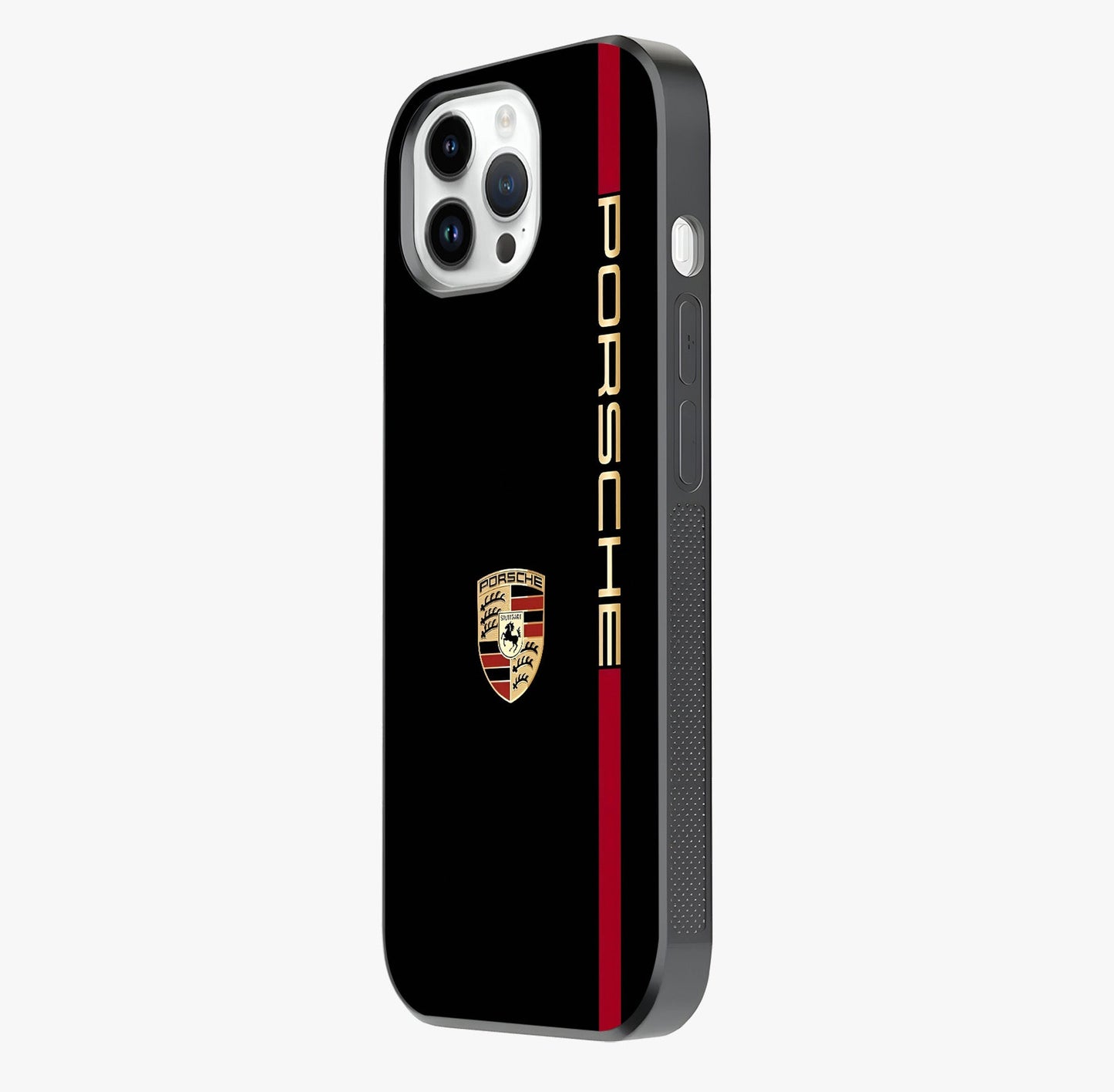 Black Minimal Porsche Glass Case photographed in natural light showing reflective finish and design depth.