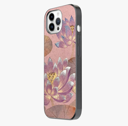 Blossom Mist Lotus Glass Case photographed in natural light showing reflective finish and design depth.