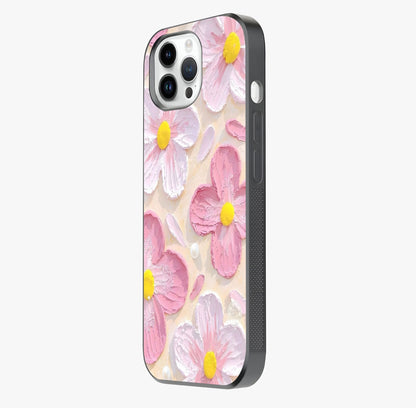 Blush Bloom Texture Glass Case photographed in natural light showing reflective finish and design depth.