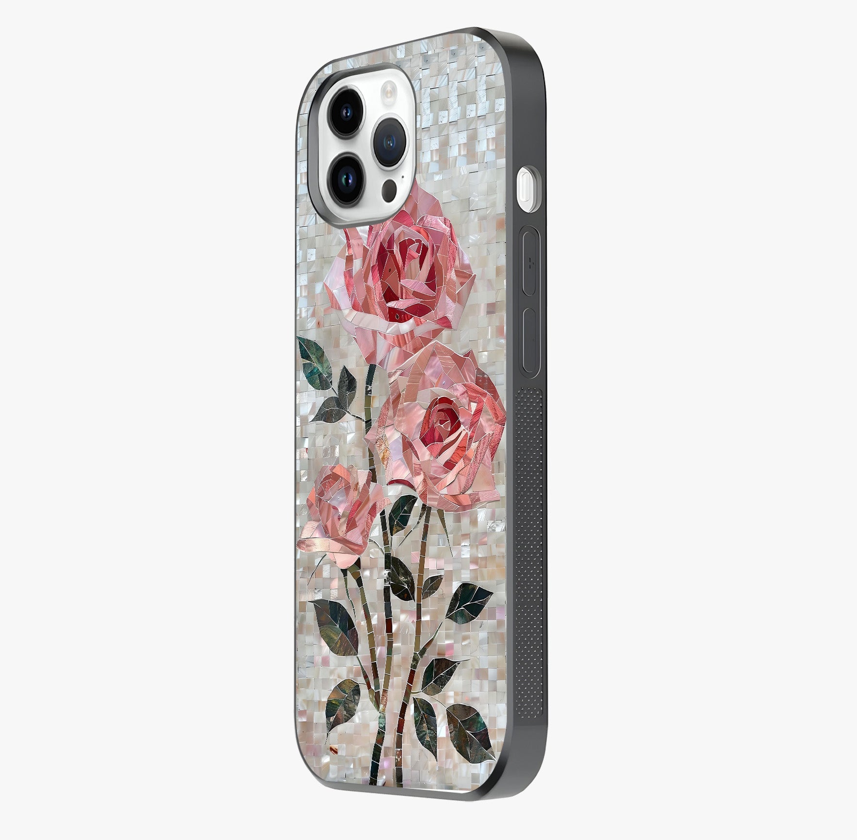 Blush Mosaic Bloom Glass Case photographed in natural light showing reflective finish and design depth.
