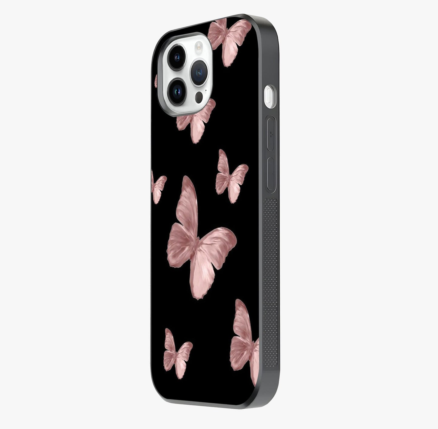 Butterfly Pattern Glass Case photographed in natural light showing reflective finish and design depth.