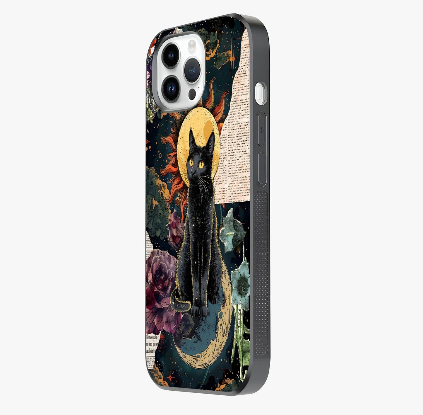 Celestial Black Cat Glass Case photographed in natural light showing reflective finish and design depth.