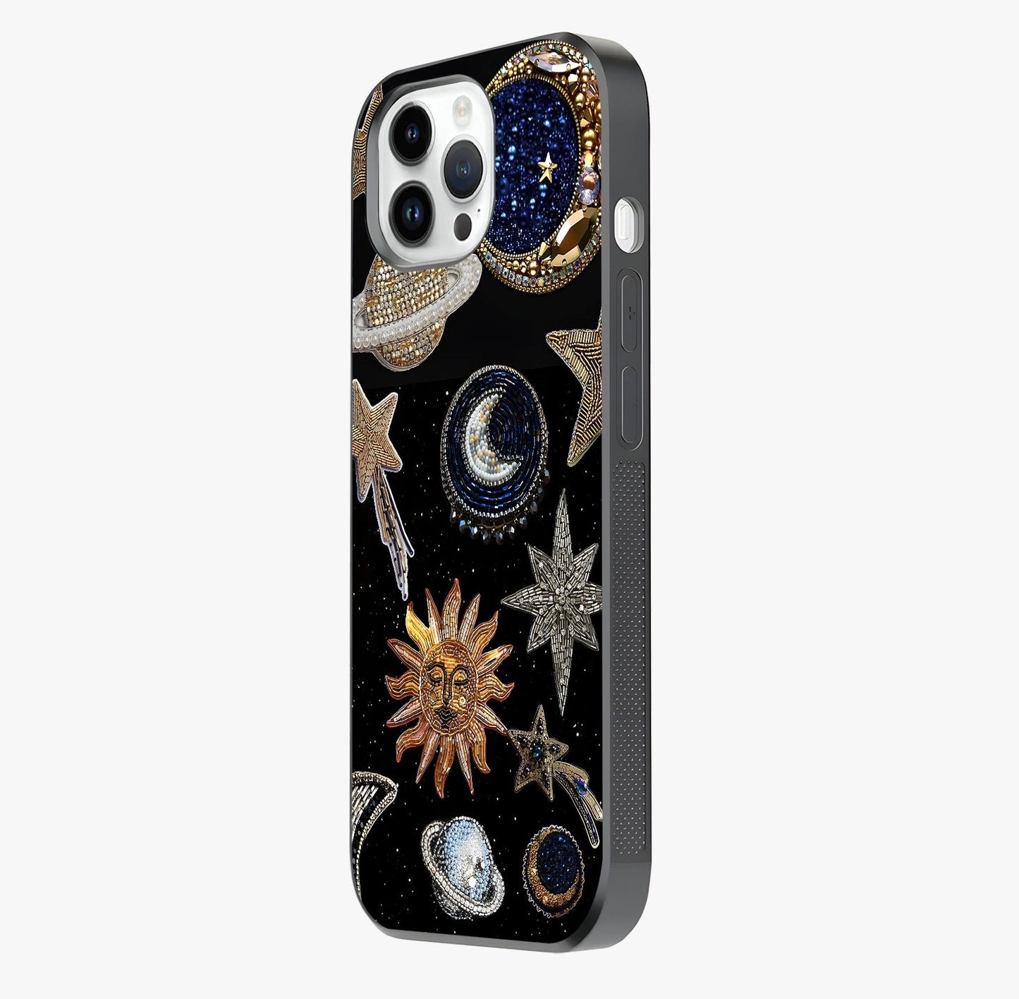 Celestial Gem Constellations Glass Case photographed in natural light showing reflective finish and design depth.
