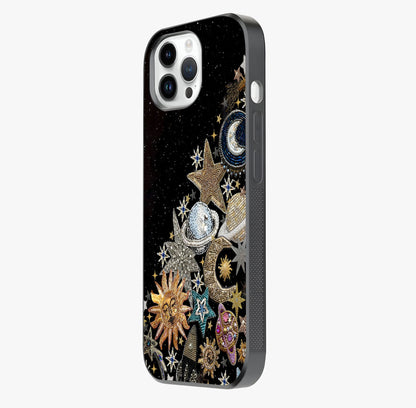 Cosmic Sparkle Dreams Glass Case photographed in natural light showing reflective finish and design depth.