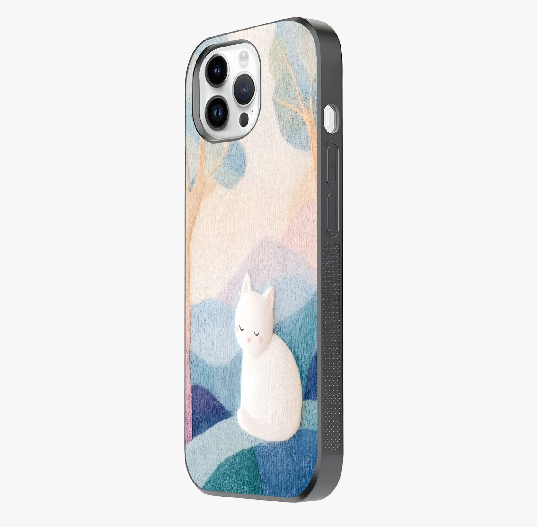 Cotton Dream Cat Glass Case photographed in natural light showing reflective finish and design depth.