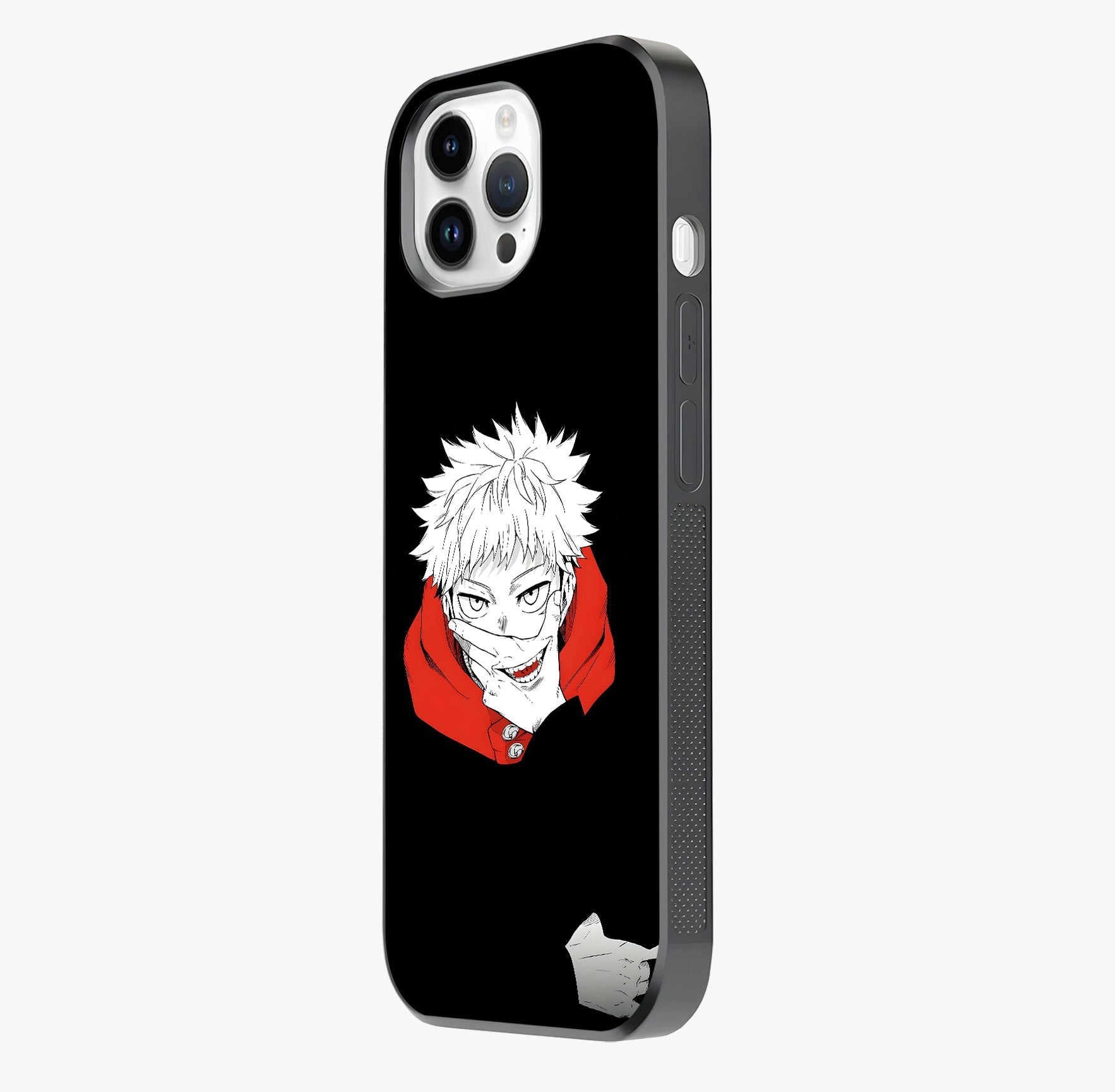 Crimson Chaos Smile Glass Case photographed in natural light showing reflective finish and design depth.