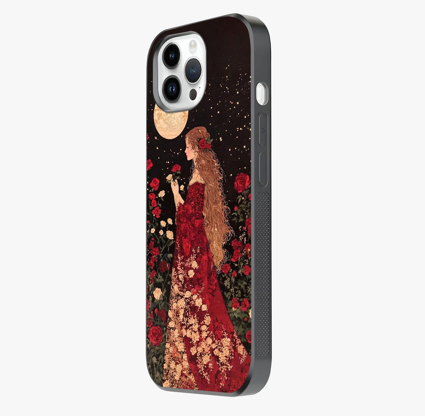 Crimson Dreams Glass Case photographed in natural light showing reflective finish and design depth.