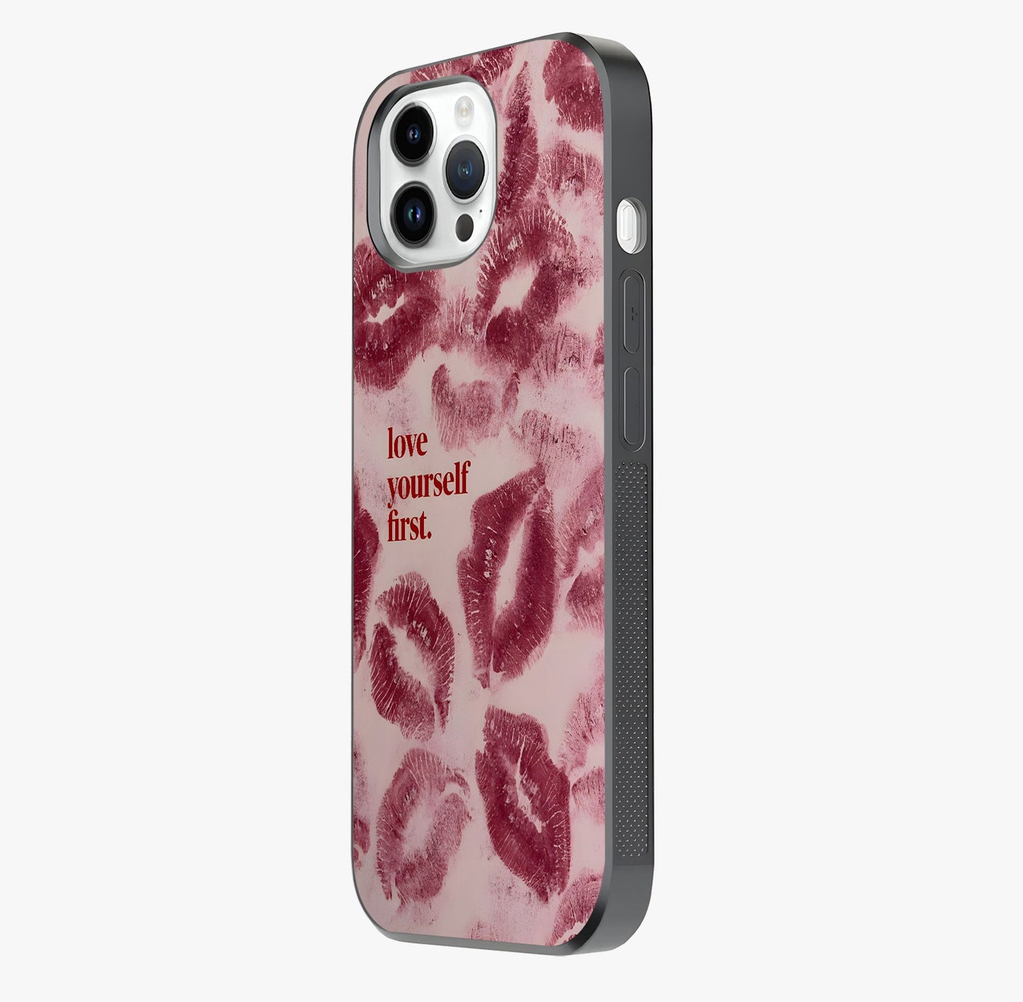 Crimson Kiss Love Glass Case photographed in natural light showing reflective finish and design depth.