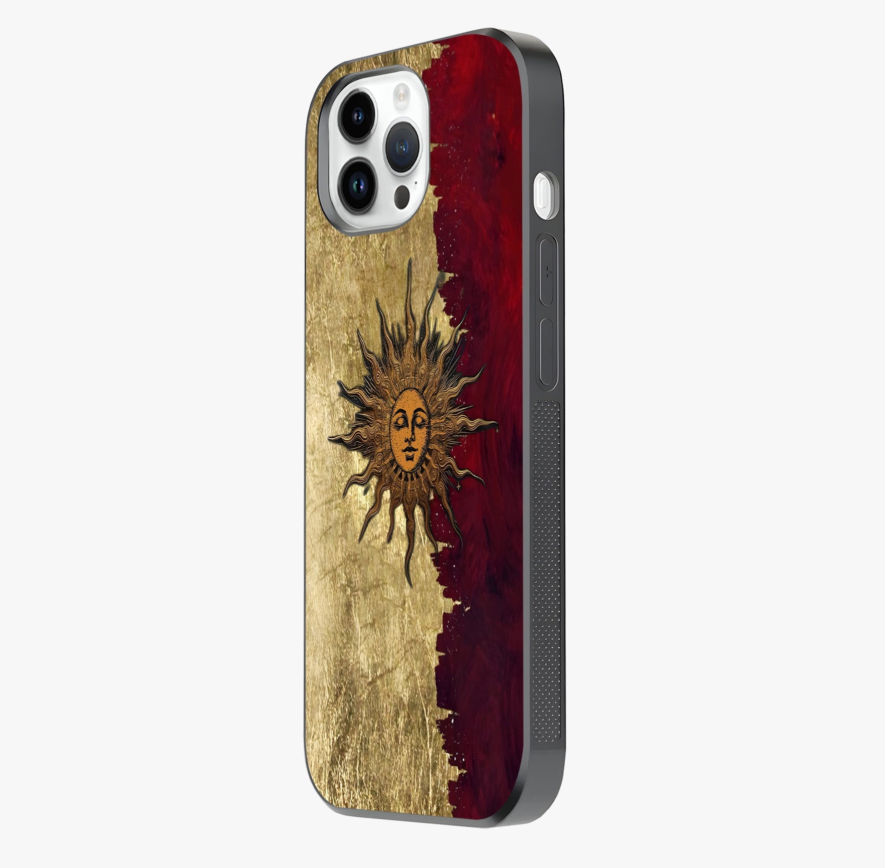 Crimson Sun Majesty Glass Case photographed in natural light showing reflective finish and design depth.