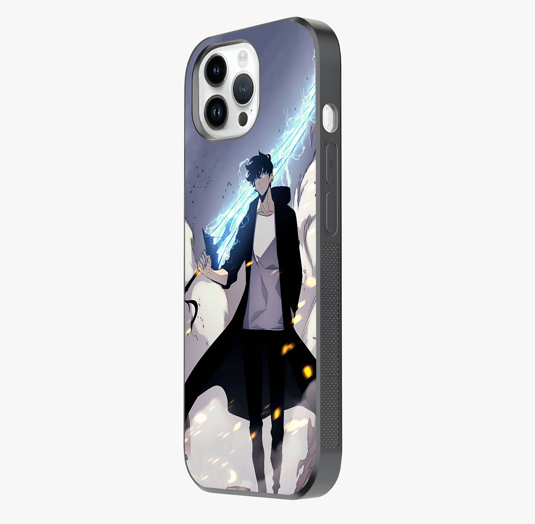Dark Lightning Anime Warrior Glass Case photographed in natural light showing reflective finish and design depth.