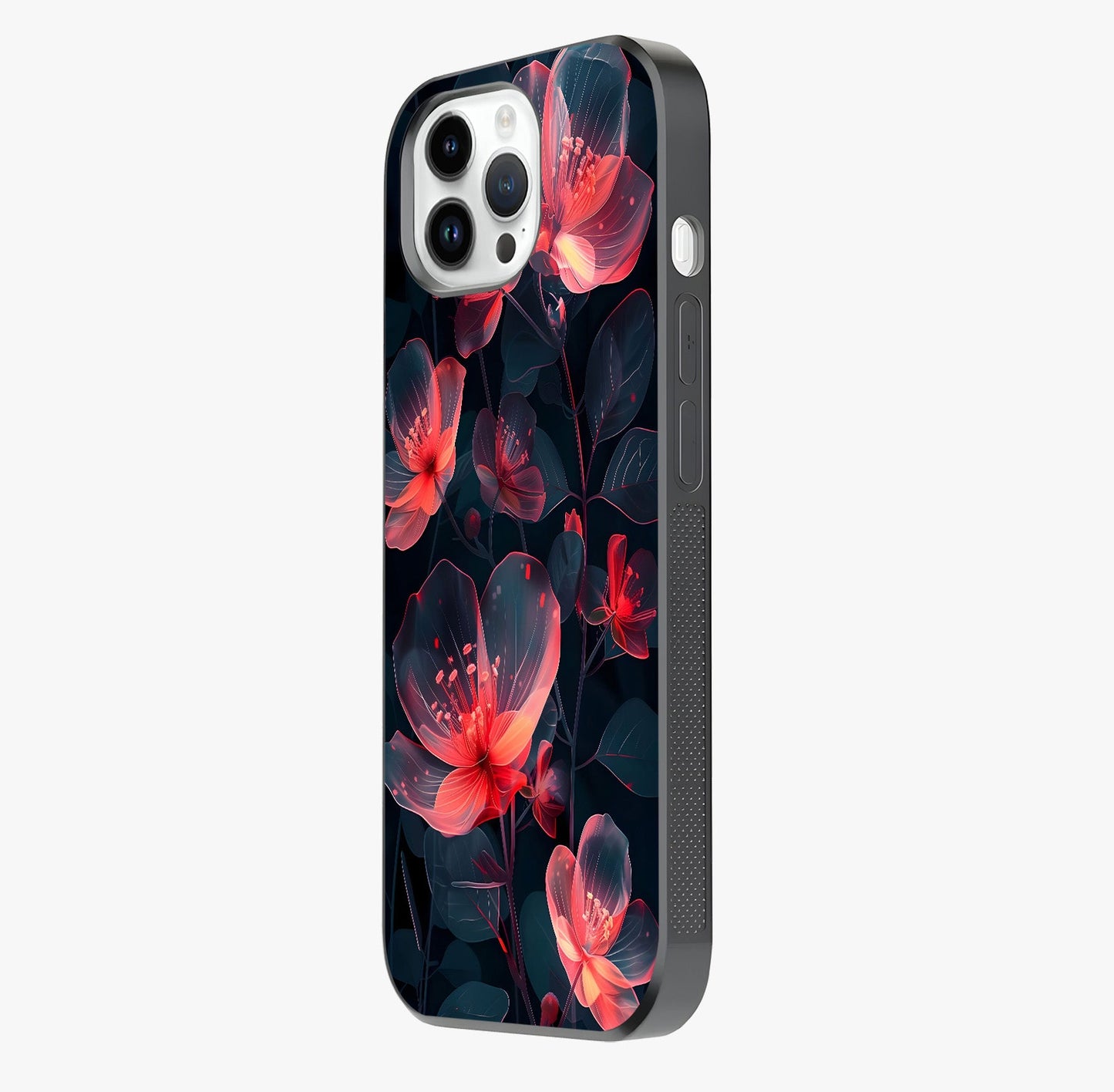 Dark Shade Of Flower Glass Case photographed in natural light showing reflective finish and design depth.