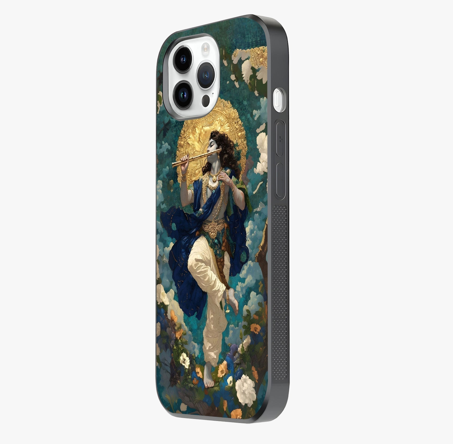Divine Krishna Art Glass Case photographed in natural light showing reflective finish and design depth.