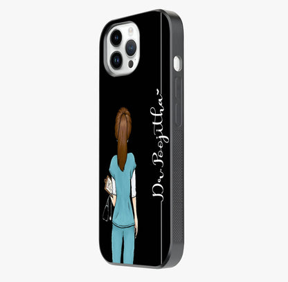 Doctor Pattern Custom Name Glass Case photographed in natural light showing reflective finish and design depth.