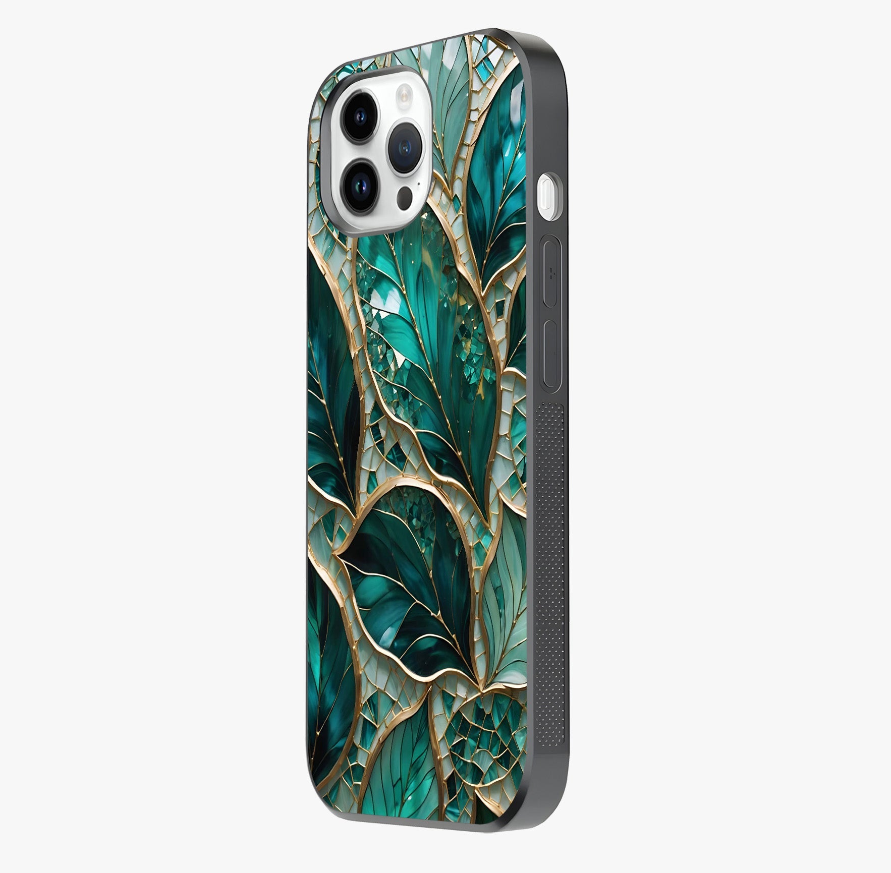 Emerald Leaf Glass Glass Case photographed in natural light showing reflective finish and design depth.