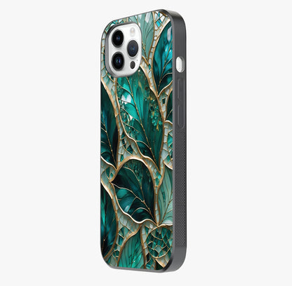 Emerald Leaf Glass Glass Case photographed in natural light showing reflective finish and design depth.