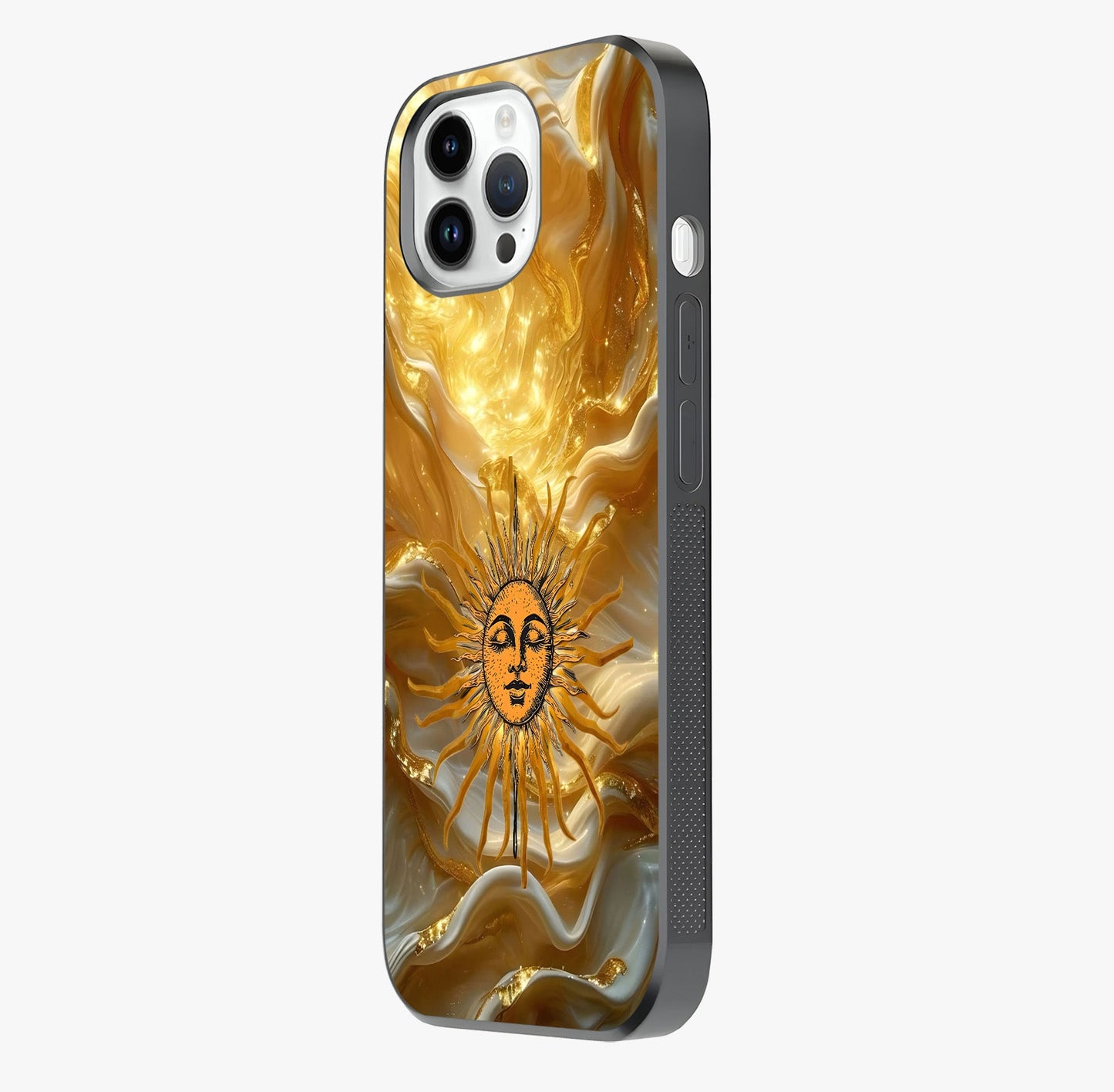 Eternal Golden Glow Glass Case photographed in natural light showing reflective finish and design depth.