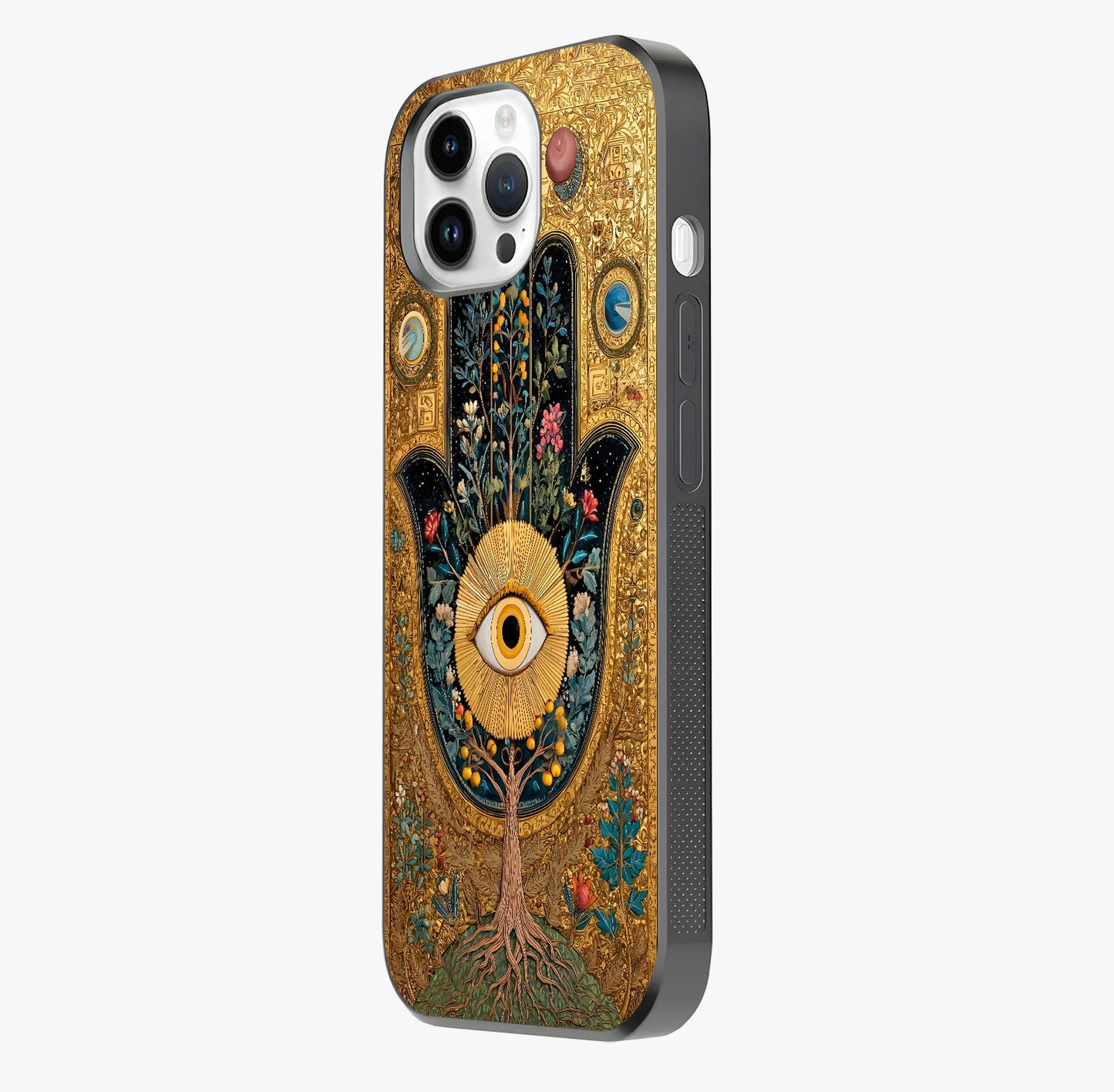 Ethereal Evil Eye Glass Case photographed in natural light showing reflective finish and design depth.