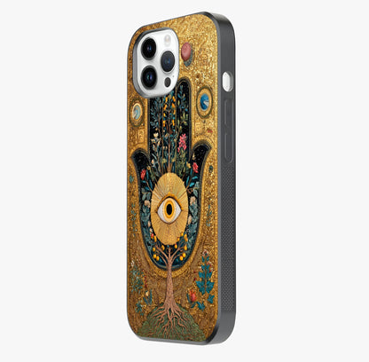 Ethereal Evil Eye Glass Case photographed in natural light showing reflective finish and design depth.