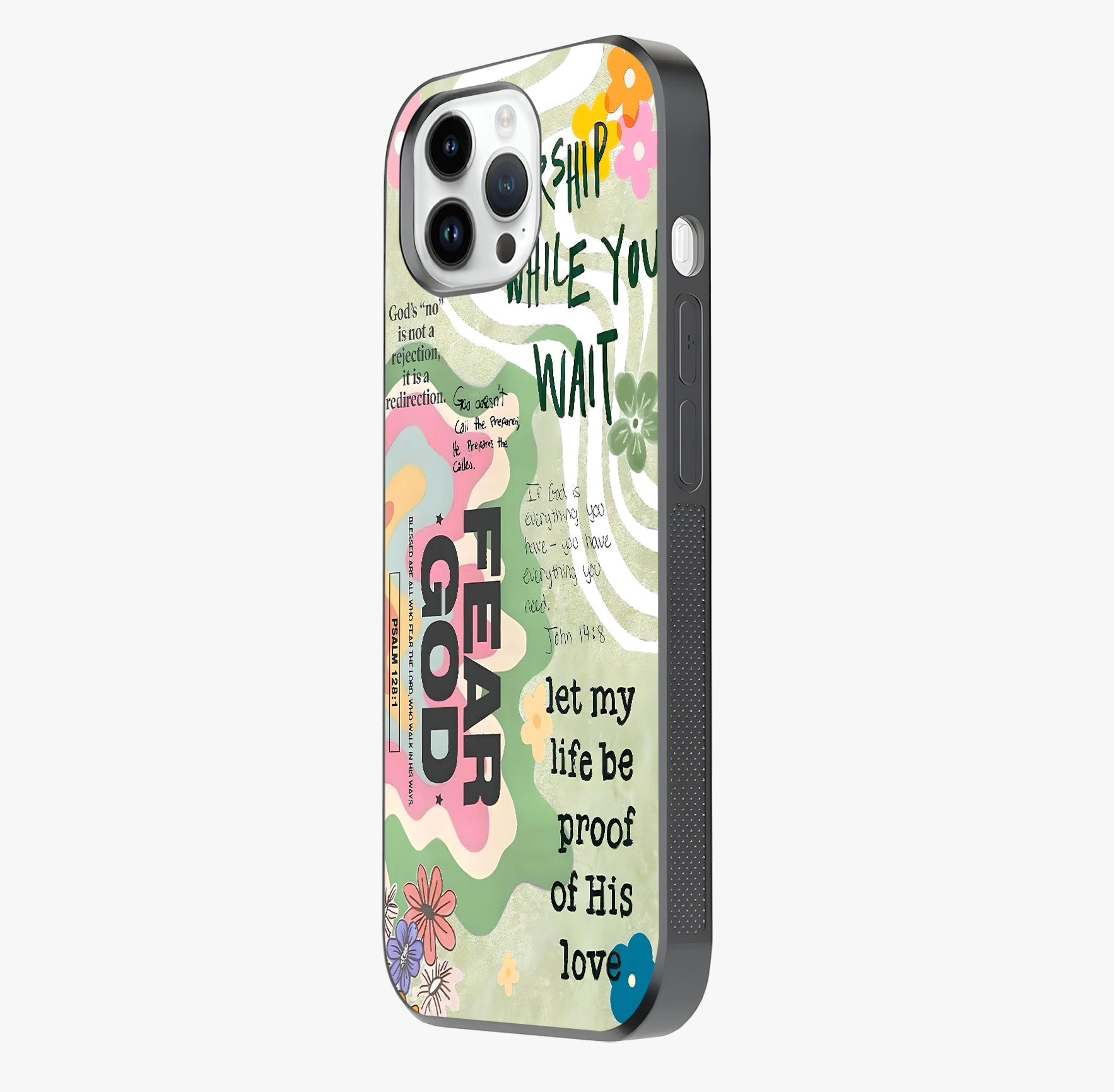 Faith Over Fear Glass Case photographed in natural light showing reflective finish and design depth.