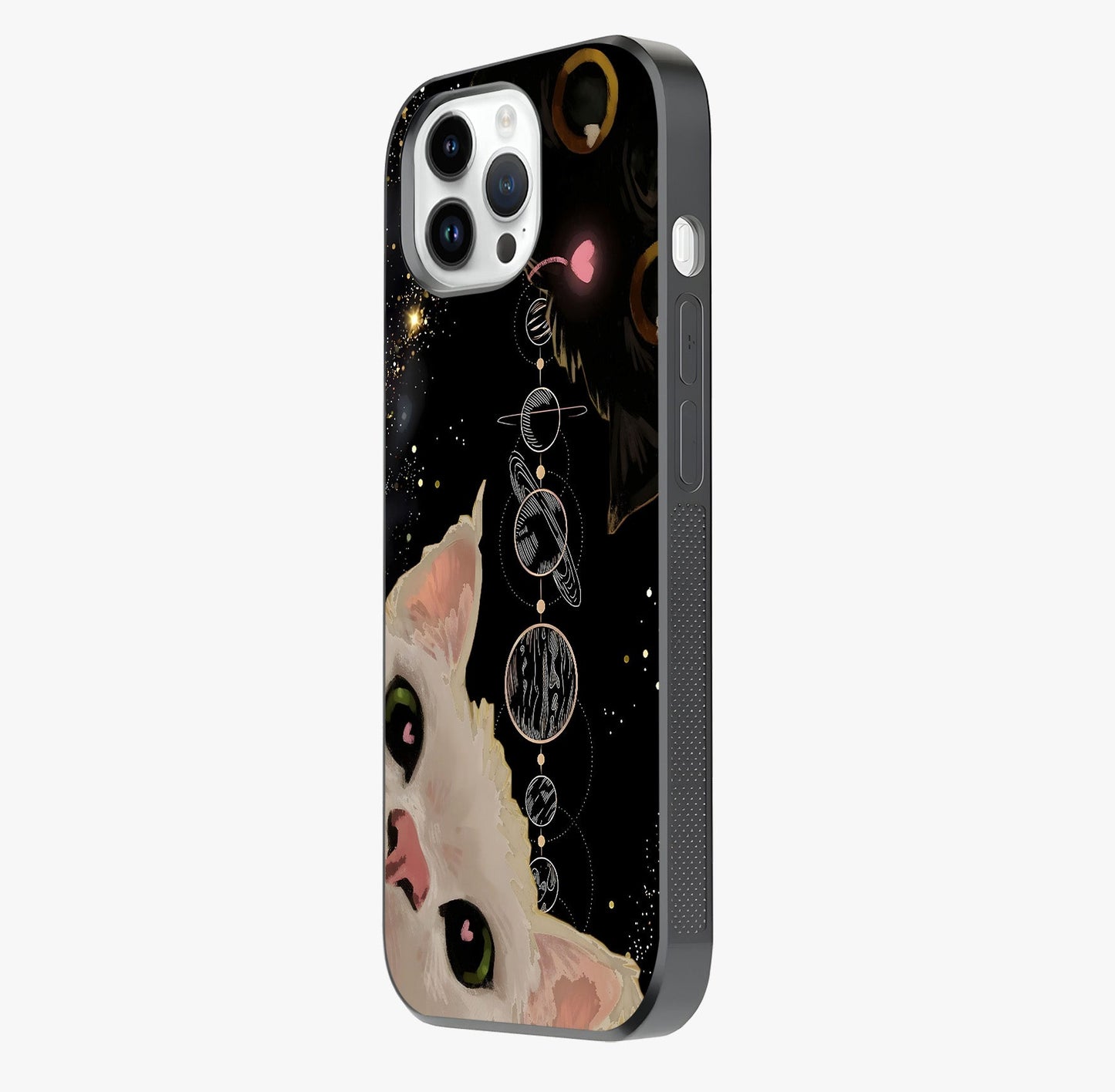Galactic Cat Glass Case photographed in natural light showing reflective finish and design depth.