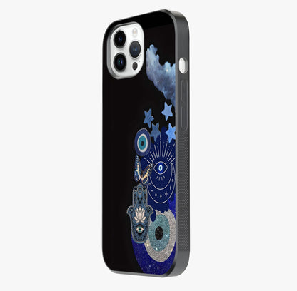 Galactic Charm Cluster Glass Case photographed in natural light showing reflective finish and design depth.