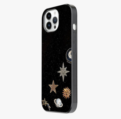 Galactic Charm Glow Glass Case photographed in natural light showing reflective finish and design depth.